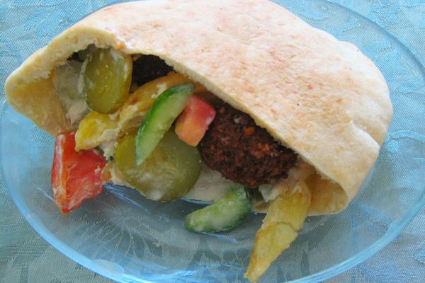 Falafel in a pita with fresh vegetables